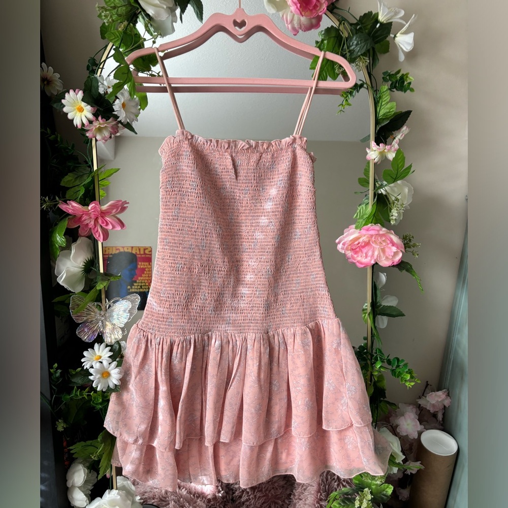 Mini pink chiffon ruched flowing floral dress by Jardines Domaine
